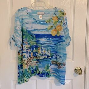 Alfred Dunner PXL Blouse, Waterfront Scene w Silver/Blue embellishments at neck